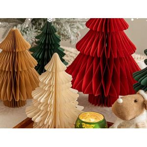 Ensemble de 4 sapins de No&euml;l en papier alv&eacute;ol&eacute; &agrave; poser sur une table - 20 cm et 30 cm - Neuf