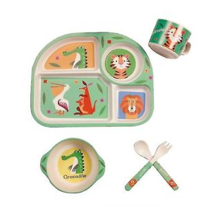 Ensemble De Vaisselle Pour B&eacute;b&eacute; En Fibre De Bambou Avec Plateau, Bol, Fourchette, Cuill&egrave;re Et Tasse, Motif Dessin Anim&eacute;, Pour L'apprentissage De L'alimentation. - Neuf