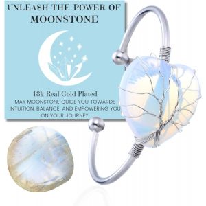 Eryi-Collier Bracelet En Pierre De Lune - Amour Lunaire - Fil Arbre De Vie Plaqué Platine/18 Carats Or Fait À La Main, Pendentifs En Forme De Lune/C?ur/Goutte D'eau En Cristal Naturel - Neuf