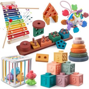 Jouet Bebe 1 2 3 Ans, Jeux Montessori 1 an, Cadeau B&eacute;B&eacute; Jouet P&ecirc;chea la Ligne Enfant 2 3 4 Ans, 7 en 1 Jeu Educatif en Bois Puzzle &agrave; Empiler Num&eacute;rique Puzzles en Bois Table Activit&eacute; B&eacute;b&eacute; Gar&ccedil;on Fille - Neuf