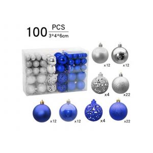 Ensemble de 100 boules de No&euml;l bleues et argent&eacute;es &agrave; suspendre au sapin - Neuf