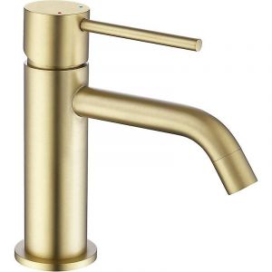 Robinet de salle de bain monotrou en or brossé, robinet de lavabo à levier unique en laiton avec tuyau d'alimentation, mitigeur de lavabo doré - Neuf