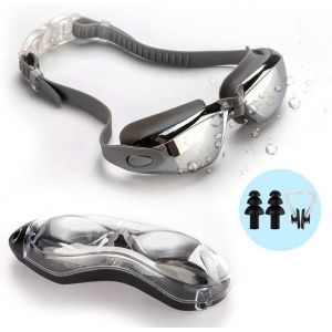 Lunettes De Natation Antibuée Haut De Gamme - Combinaison Grise, Étanches, Protection Uv, Large Champ De Vision, Sangles Réglables, Pince-Nez Et Bouchons D'oreilles En Prime - Neuf