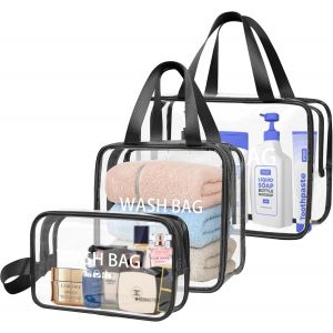 KALANKA-ZIOISNM Trousse de Toilette Femme en PVC Étanche, 3PCS Trousse de Toilette Voyage Transparente, Trousse Maquillage Légère pour Valise Avion et Plage Accessoires (Noir) - Neuf