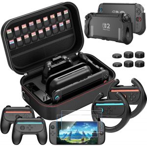 HEYSTOP Étui pour Nintendo Switch 2 Kit d'accessoires avec Housse de Protection Switch 2, Dockable Coque pour Switch 2 Film Trempé Volant de Course et Grip Joy-Con pour Manette Nintendo Switch 2 - Neuf