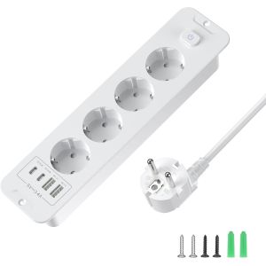 Prise encastr&eacute;e Quadruple avec USB-C PD 20W | Barrette de 2M avec Interrupteur | pour Plateaux de Bureau et Tables de conf&eacute;rence | 16A/4000W Max, c&acirc;ble 3x1.5mm&sup2; | Blanc - Neuf