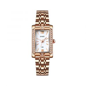 Montre Rectangulaire Pour Femme Avec Lunette Décorée De Cristaux. Montre-Bracelet Carrée Classique En Forme De Réservoir Avec Cadran Transparent, Élégante (Or Rose - Bracelet En Acier). - Neuf