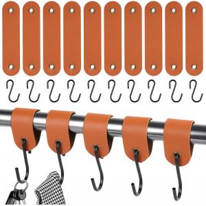 Lot De 10 Crochets Avec Boucle En Cuir - Pour Tringle &Agrave; V&ecirc;tements - En Acier Inoxydable - Noir - 12,5 X 3 Cm - Pour Garde-Robe Et Camping - Marron - Neuf