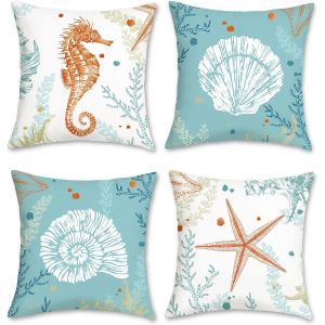 Lot De 4 Housse De Coussin Océan 45 X 45 Cm Hippocampe Étoile De Mer Plage Velours Doux Bleu Côtier Décoratif Taie D'oreiller Pour Canapé Lit Chaise Jardin Maison Décoration - Neuf
