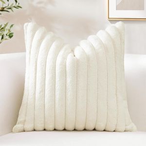 Kalanka-Lot De 1 Housse De Coussin 40x40 Cm En Fausse Fourrure De Lapin, Housse Coussins Peluche &Agrave; Rayures Doux Taies D'oreiller En Velours D&eacute;coratives Pour Lit Canap&eacute; Chambre Salon, Blanc Cr&egrave;me - Neuf