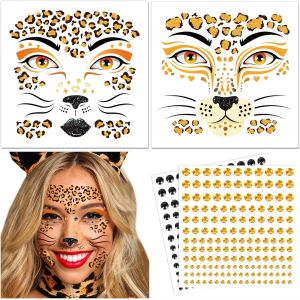 Tatouages Visage L&eacute;opard Costume Carnaval Femmes Tatouage Visage L&eacute;opard Halloween Tatouages Temporaires Pierres Scintillantes Maquillage Visage L&eacute;opard Cosplay Costumes Carnaval Accessoires - Neuf