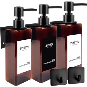 3 Pieces Wall Mounted Soap Dispenser No Drilling Wall Mounted Soap Dispenser With 32 Waterproof Labels,500ml Wall Mounted Shower Gel Dispenser,Bathroom Soap Dispenser,Black Amber - Neuf