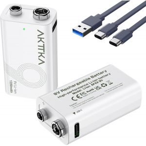 MEVRONISSHOP-Lot de 2 Piles Rechargeables au Lithium 9V (1350mAh), avec C&acirc;ble de Charge de Type C, Particuli&egrave;rement Adapt&eacute;es Aux Multim&egrave;tres Portables, Aux D&eacute;tecteurs de M&eacute;taux et Aux Testeurs de Lig - Neuf