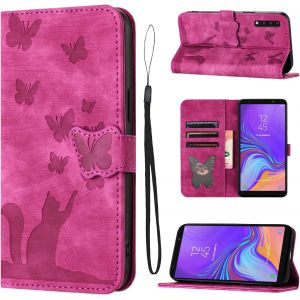 Kal-Housse Protection Pour Samsung Galaxy A7 2018 Matériau En Cuir Pu Coque Samsung A7 Avec Fentes Pour Cartes Motif Papillon Chat Coque Samsung Galaxy A7 Rose - Neuf