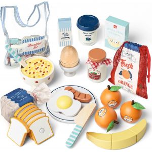 Cuisine En Bois Enfant,Jeu D'Imitation Jeux Fruits A Decouper,Dinette Avec Sac De Rangement,Jouets En Bois Cadeau Enfant Fille Garcon 2 3 4 5 6 Ans (Petit Déjeuner) - Neuf