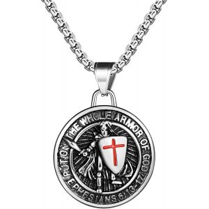 Kal-Collier Homme Acier Inoxydable : Collier Pendentif M&eacute;daille Bouclier Catholique Saint Michel Archange Rond Vintage Avec Gravure Amulette - Cadeau Anniversaire - Neuf