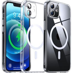 THEF-Coque Magnétique Transparente pour iPhone 12 (6.1'') avec Objectif Film, [Compatible avec MagSafe] [Protection Antijaune & Antirayure & Antichoc] Etui Housse Dur avec Silicone Bord, Clair - Neuf