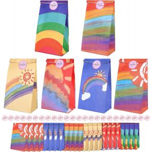 Sac Cadeau,24 PCS Pochette Cadeau Arc en Ciel Kraft Sac avec 24 Autocollants,Sachet Bonbons Anniversaire Sac Cadeau Petit Format pour Mariage,Anniversaire,Noël,Halloween,Party - Neuf