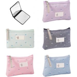 5 Petites Trousses &Agrave; Maquillage Imprim&eacute;es, 1 Miroir Cosm&eacute;tique Pliable, Trousse &Agrave; Maquillage En Toile Imperm&eacute;able, Trousse De Rangement Multifonctionnelle, Trousse De Toilette De Voyage Pratique - Neuf