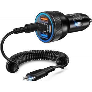 JGD-Adaptateur allume-cigare USB C 65 W 4 ports PD3.0 et QC3.0 Chargeur rapide de voiture avec c&acirc;ble spirale de type C de 1,2 m pour iPhone 17/16/15, Samsung S25/24 iPad Tablettes - Neuf