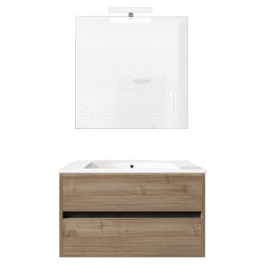 Ensemble de salle de bain meuble suspendu 80cm DOUBLE EDGE bois clair - Vasque - Miroir - Applique - Neuf