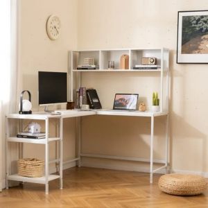 COSTWAY Bureau d'Angle en L avec Étagères de Rangement et Accroche-casque Bibliothèque pour Gamer, Étude 150 x 120 x 148 cm Blanc - Neuf