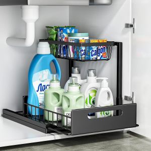 MEVRONISSHOP-Rangement sous &Eacute;vier Cuisine, M&eacute;tal Organisateur sous Evier Tiroir Coulissant &agrave; Extraction 2 &Eacute;tages Forme en L, Rangement Et Organisation De Cuisine Stable de Grande Capacit&eacute;, Noir - Neuf