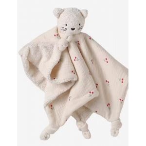 Doudou chat Vertbaudet blanc et cerises imprim&eacute;espeluchejouet b&eacute;b&eacute; naissance comforter cat baby - Neuf