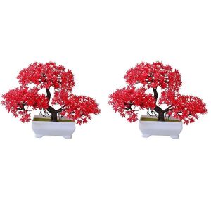 2Pcs plante artificielle Bonsaï en plastique Petit pot d'arbre,rouge - Neuf