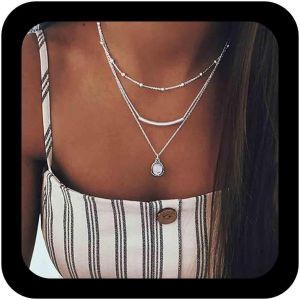 Kal-Collier Vintage Pierre Lune Couches Collier Tube Horizontal Collier Pendentif Pierre Lune Ovale Collier Collier Ras Du Cou Argent Chaîne À Boules Bijoux Pour Femmes Et Filles - Neuf
