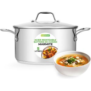Subzonal-Nutrichef Marmite- Faitout Inox De 5 Litres - 18-8 Qualit&eacute; Alimentaire R&eacute;sistant Tous Feux- Faitout-Grande Marmite- Pot &Agrave; Mijoter, Pot &Agrave; Soupe Avec Couvercle Transparent, Compatible Lave-Vai - Neuf