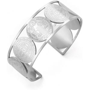 Eryi-Saint Benedict Bracelet Réglable En Acier Inoxydable Pour Hommes Femmes Croix St. Benedict Religieux Chrétien Manchette Élégante Bijoux Religieux Avec Protection Spirituelle - Neuf