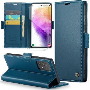 Kal-Coque Pour Samsung Galaxy A53+ 2 Pièces Verre Trempé,Antivol,Prend En Charge Le Chargement Sans Fil, Pochette Fermeture Magnétique Flip Case- Bleu - Neuf