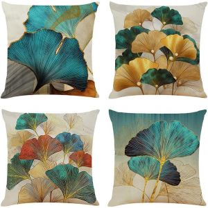 Housse De Coussin À Motif Unilatéral 45x45 Taies D'oreiller En Lin Turquoise Et Doré Coussins De Canapé Décoratifs Lot De 4 Housses De Coussin Décoratives Modernes Ginkgo Doré - Neuf