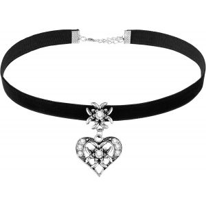 Kal-Collier Edelweiss Pour Femmes Avec Pendentif De Coeur Et Edelweiss Ras De Cou Élégant Collier Bavarois En Strass(Noir) - Neuf