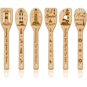 Kal-6 Pièces Ensemble D'ustensiles De Cuisine En Bambou Phare D'été Cuillères De Cuisine Gravées En Bois De Mouette Spatules De Sculpté De Cuillères Cuisine Pour Mère L'amie Femmes Cadeau - Neuf
