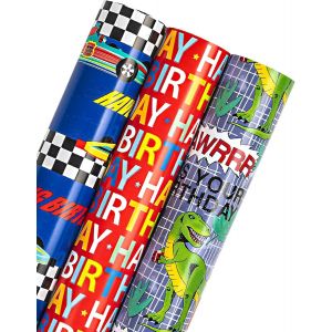 Rouleau De Papier D'emballage Pour Anniversaire - Mini Rouleau - Dinosaure/Voiture De Course/Inscription « Happy Birthday » Pour Fête D'enfants, Célébration, Fête Prénatale - 3 Rouleaux - 43,2 - Neuf