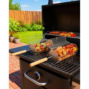 Ulteronixshop-Lot de 2 paniers &agrave; roulettes en acier inoxydable avec poign&eacute;e amovible (hexagonal), 2 filets de gril portables pour la cuisine en plein air &iquest; Accessoires id&eacute;aux pour les l&eacute;gumes, les cr - Neuf