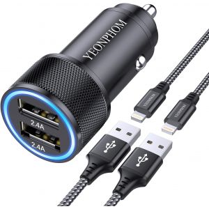 Thef-Chargeur Voiture Iphone Avec 2x Câble Lightning [Certifié Apple Mfi],Chargeur Allume Cigare Usb Rapide 2.4a Adaptateur Prise Allume Cigare Usb Chargeur Voiture Pour Iphone 14 13 12 11 Pro Max/Xs - Neuf
