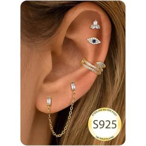 Kal-4-6 Paires Boucles D'oreilles Femme Argent 925 Plaqu&eacute;e Or 14 Carats Clou D'oreilles Cr&eacute;oles Pendantes Boucles D'oreilles Femme Fantaisie Ear Cuff Boucles D'oreilles Pour Femmes Ensemble - Neuf