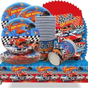 Lot De 61 D&eacute;corations De Table D'anniversaire Pour Enfants,Vaisselle De Course,Ustensiles De F&ecirc;te Cool Voiture De Sport,Nappe,Assiette,Tasse,Serviette Pour 20 Invit&eacute;s - Neuf