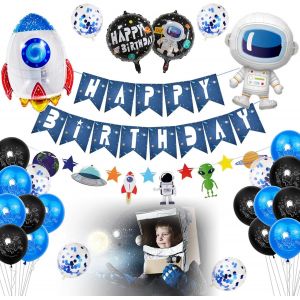 ChicSlick-Lot De 29 Ballons En Aluminium Pour Décoration D'Anniversaire De L'Espace Avec Guirlande Happy Birthday, Bannière En Latex Pour Fête Spatiale, Fête Spatiale, Décoration D'Anniversa[X2573] - Neuf