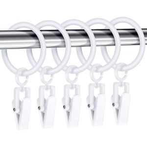 Lot de 30 anneaux de rideau avec 30 pinces à rideau, anneaux de fixation pour tringle à rideau de douche en plastique, anneau décoratif avec pince, 25 mm (blanc) - Neuf