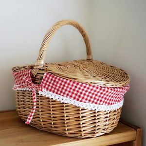 ASFASFq-Panier de Pique-Nique en Osier, Panier de Camping de Style Campagnard avec Poignée de Couvercle et Doublures, Panier Osier Champignon, Panier Picnic Vide, Paniers de Jardinage pour Fête - Neuf