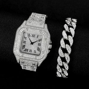 Montre + Bracelet Hip Hop Pour Hommes, En Acier Inoxydable, Couleur Or, Calendrier, Avec Strass Incrust&eacute;s, 2 Pi&egrave;ces - Neuf