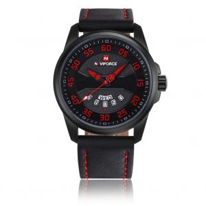 Montre-Bracelet A Quartz Etanche Naviforce Pour Homme, Tendance, En Pu (Boitier Noir + Rouge) - Neuf