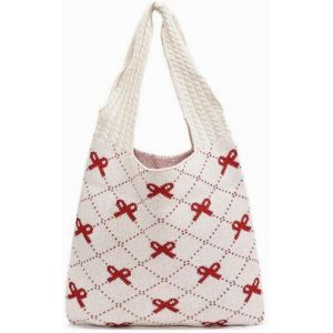 RFCBC-Crochet Tote Bag, Sac à main tricoté avec n?ud esthétique, Sac à bandoulière Boho, Sac de voyage, Sac à main, Style épuré, Sac d'épaule, Sac au crochet - Neuf