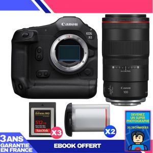 Boitier Canon EOS R1 + RF 100mm f/2.8 L Macro IS USM + 3 SanDisk 512GB Extreme PRO CFexpress Type B + 2 Canon LP-E19 + Ebook 'Devenez Un Super Photographe - Neuf