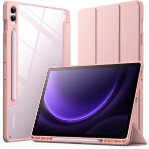 Coque pour Samsung Galaxy Tab S9 FE+ / S9 FE Plus 12,4 Pouces avec S Pen Porte-Stylet, Dos en PC Dur Transparent Clair, ?tui Tablette Protection Support &iquest;&iquest; Trois Volets (Or Rose) - Neuf