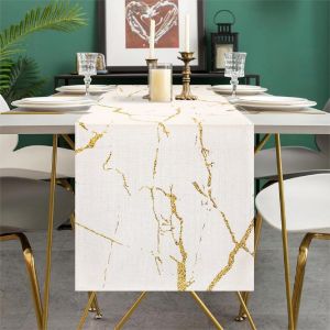 Eryi-Chemin De Table Printemps Été Chemin De Table Moderne Art Abstrait Géométrique Marbre Blanc Texture Dorée Nappe Pour Fête Mariage Cuisine Salon Chemin De Table Décoratif Lin 33x183 Cm - Neuf